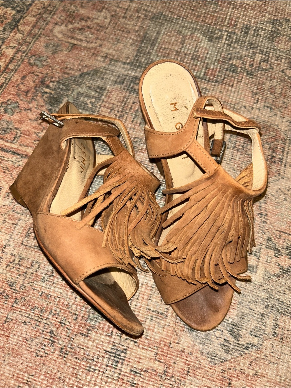 M. Gemi Tan Suede Fringe Block Heel Sandals